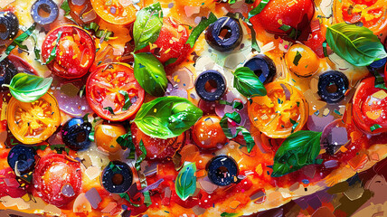 Fototapeta na wymiar Artisanal pizza closeup gourmet toppings Italian flair Stylish in the style of vibrant dot Digital art