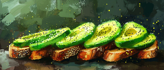 Avocado toast closeup creamy and nutritious Stylish in the style of vibrant dot Digital art - obrazy, fototapety, plakaty