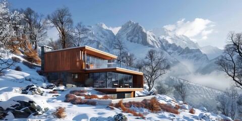 A house with a large balcony overlooking a snowy mountain