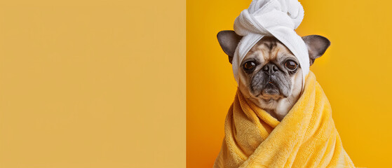 This image of a pug wrapped in a vibrant yellow towel with a head turban represents relaxation and humor - obrazy, fototapety, plakaty