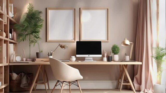 3d rendering. Cozy workplace interior at home with frame mockup.