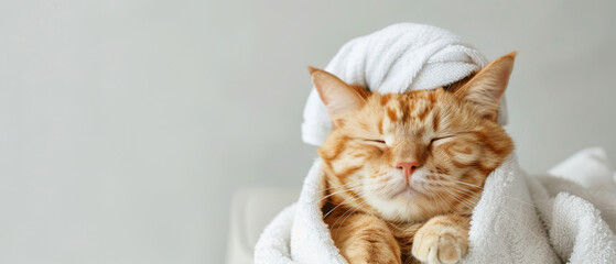 A serene ginger cat enjoying a moment of relaxation wrapped in a white bathrobe with a towel on its head - obrazy, fototapety, plakaty