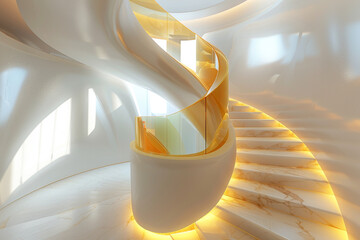 Modern white staircase with light yellow glass banister beautiful building