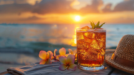 A tropical cocktail served in a chilled glass, resting on a beach towel next to a sun hat, with the sun setting on the horizon over the ocean. 