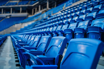 Naklejka premium Blue chairs in the stands of an indoor stadium