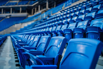 Blue chairs in the stands of an indoor stadium