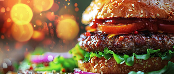 Obraz na płótnie Canvas Veggie burger closeup delicious plantbased option Stylish in the style of vibrant dot Digital art