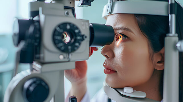 Optometrist using phoropter during eye exam on female patient.