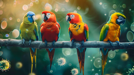 Colorful parrots on branch with viral particles, bokeh background.
