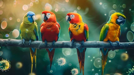 Fotobehang Colorful parrots on branch with viral particles, bokeh background. © john