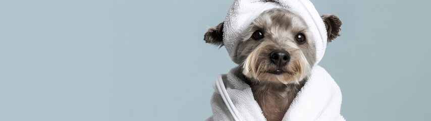 A grey dog wrapped in a white towel with a towel turban, portraying humor and a spa day vibe - obrazy, fototapety, plakaty
