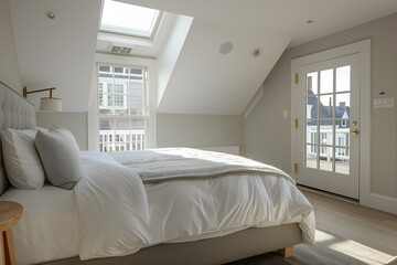 A luxury hotel room with a large bed, double doors leading to a balcony and garden outside, light grey walls