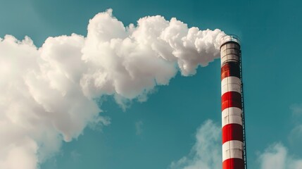 Tall industrial chimney emitting a thick cloud of smoke against a blue sky with fluffy clouds.