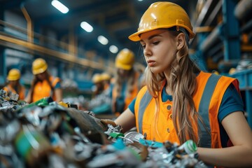 Female worker sorting trash material to be processed in a waste recycling plan with many colleagues in the background. Separate garbage collection, Generative AI