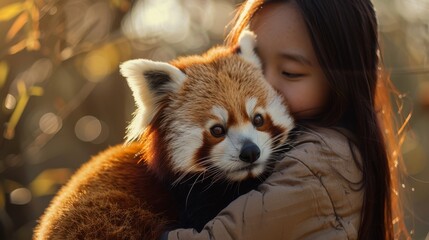 A young girl gently holds a red panda in a warm light with blurred natural background.
