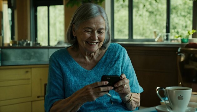 An Older Woman Drinking Coffee , Smiling And Looking Intently At Her Iphone