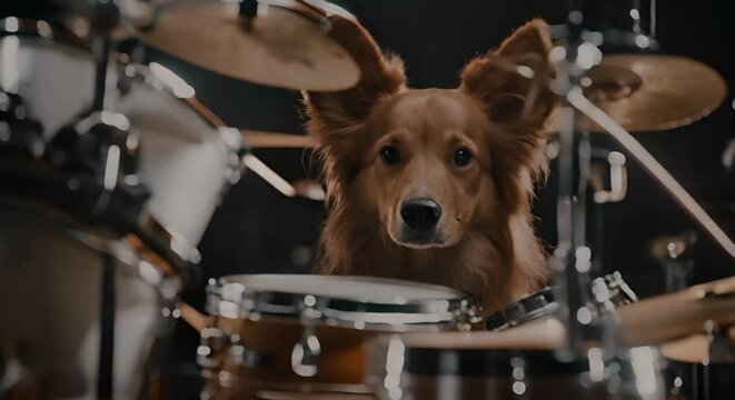 Dog playing drums.
