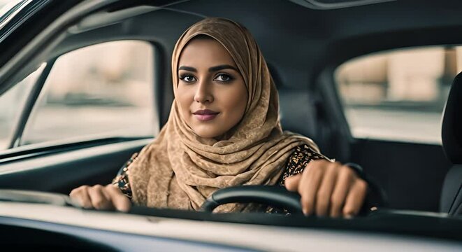 Woman in hijab driving a car.
