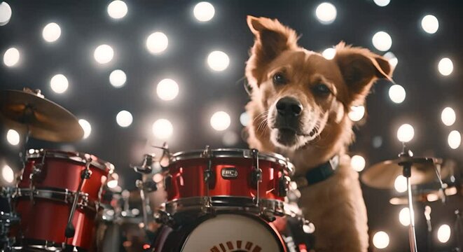 Dog playing drums.