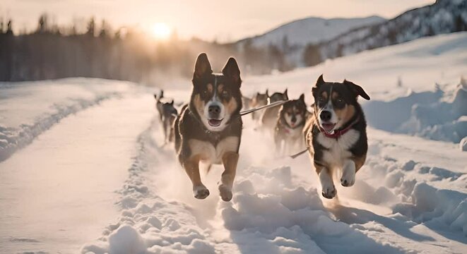 Dogs pulling a sled in the snow.