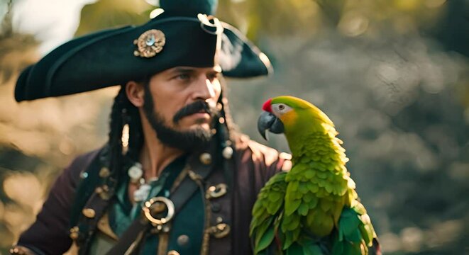 Parrot with a pirate on a ship.