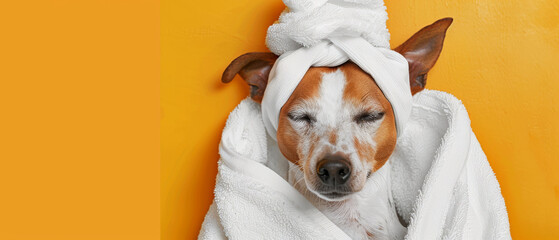 An amusing and unconventional photograph of a dog with a white towel wrapped around, against an...