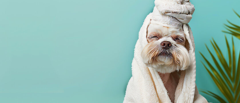 A delightfully adorable image showcasing a dog in a bathrobe with a towel wrapped on its head, standing in front of a blue wall
