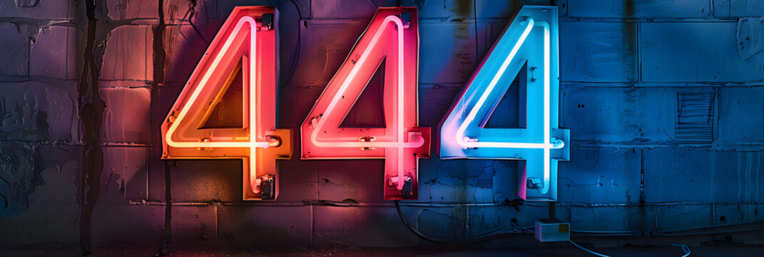 Neon light number 444 on concrete wall, colorful glow.
