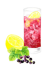 カシスソーダとカシス・レモンの果実　飲み物（お酒）の手描き水彩イラスト素材