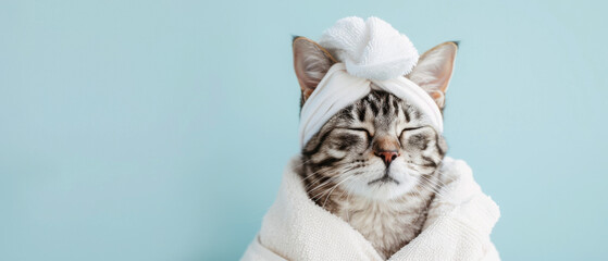 A domestic tabby cat indulges in self-care with a towel wrap and head turban on a gentle beige backdrop - obrazy, fototapety, plakaty