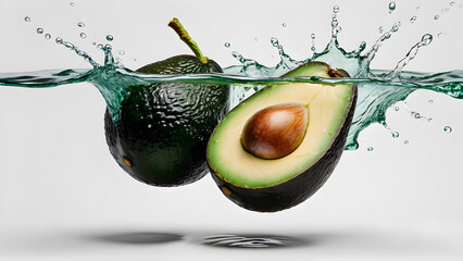 Avocado on a white background in a section with drops, splashes of water. for advertising ,...