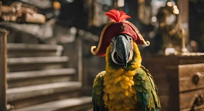 Pirate parrot on a ship.