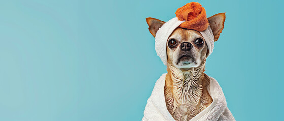 A serene cat wrapped in a towel turban against a cyan background expressing tranquility - obrazy, fototapety, plakaty