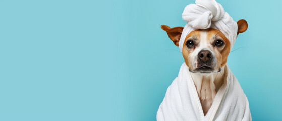 A cow dressed in a white bathrobe with a towel wrapped around the head against a blue backdrop