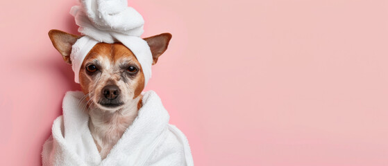 Playful dog in a white robe against a soft pink background enjoying a spa-like experience - obrazy, fototapety, plakaty