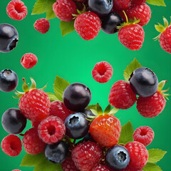 a mixture of berries on a green background