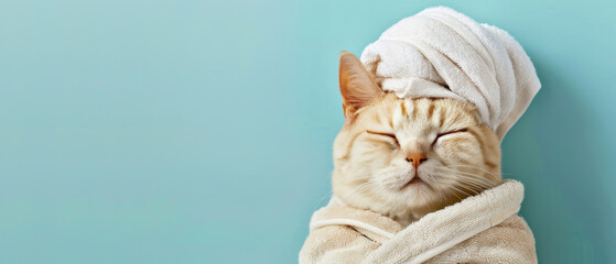 A content cat in a bathrobe with a towel wrapped on head against blue background, eyes closed