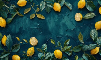 Fresh lemons with leaves on dark teal background with copyspace for your text
