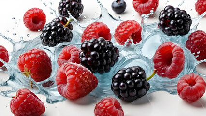 a mixture of berries on a white background with drops, splashes of water.