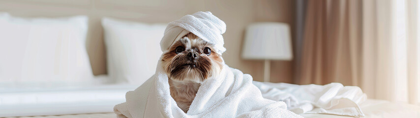 Fototapeta na wymiar A relaxed dog in a bathrobe covers its face with paws in a well-lit, cozy bedroom scene