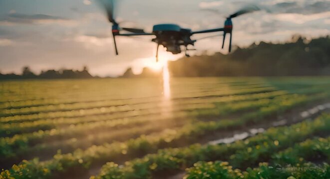 Drone watering the plants in cultivation. Technology in agriculture.