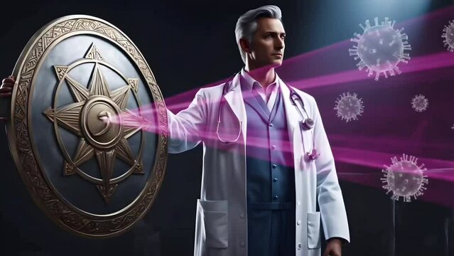 A doctor eradicate viruses with laser come out from shield