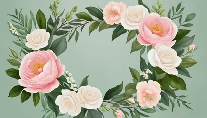 Poster Watercolor Wedding Wreath Frame with Abundant Green Leaves, Enchanting Pink Peach Blush White Flowers, and Majestic Eucalyptus, Olive, Peony, and Yellow Rose Bouquet colourful background © Fukurou