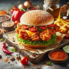 Fresh crispy fried chicken burger sandwich with flying ingredients and spices splashes. Burger restaurant commercial poster