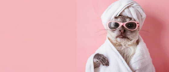 With a blurred face, this image captures a woman wrapped in a white towel against a soft pink background, evoking a sense of self-care - obrazy, fototapety, plakaty