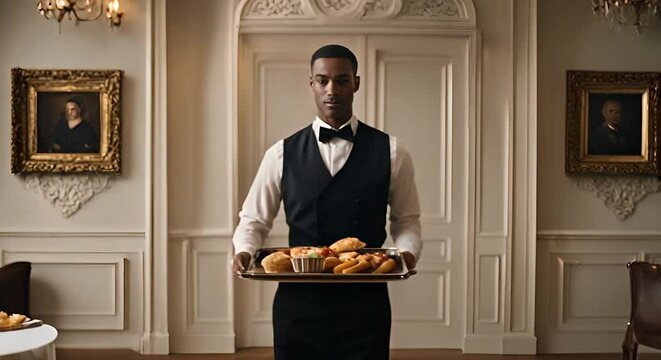 Waiter with a tray of food.