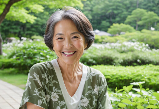 A senior Japanese woman smiling in a fresh green park colourful background