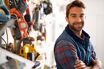 Smile, carpenter and portrait of man in garage for production, manufacturing or small business....