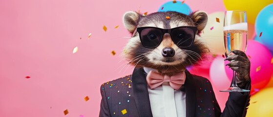 A cheerful raccoon in party attire holds a champagne flute amidst a shower of confetti, symbolizing celebration and fun - obrazy, fototapety, plakaty
