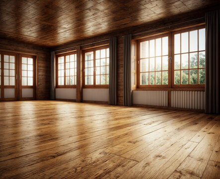 Bright empty room with a wooden floor and window offering light and a view